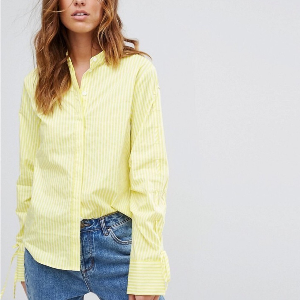 Warehouse Ruched Sleeve Stripe Shirt Yellow 2 New